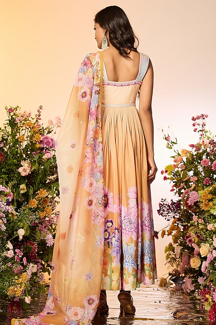 Ochre Yellow Chinon Chiffon Printed & Embellished Wedding Anarkali Set by LABEL PRIYANKA KAR at Pernia's Pop Up Shop
