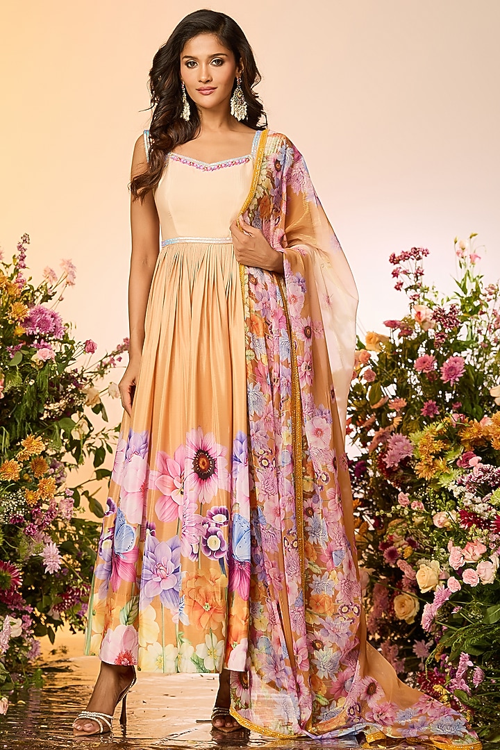 Ochre Yellow Chinon Chiffon Printed & Embellished Wedding Anarkali Set by LABEL PRIYANKA KAR at Pernia's Pop Up Shop