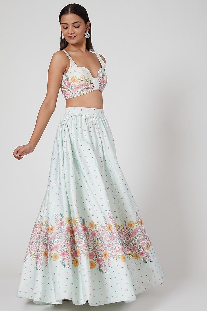 Mint Green Floral Printed Lehenga Set by LABEL PRIYANKA KAR at Pernia's Pop Up Shop