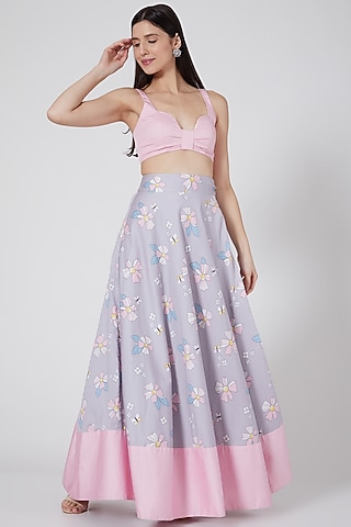 Grey & Pink Printed Lehenga Set by LABEL PRIYANKA KAR