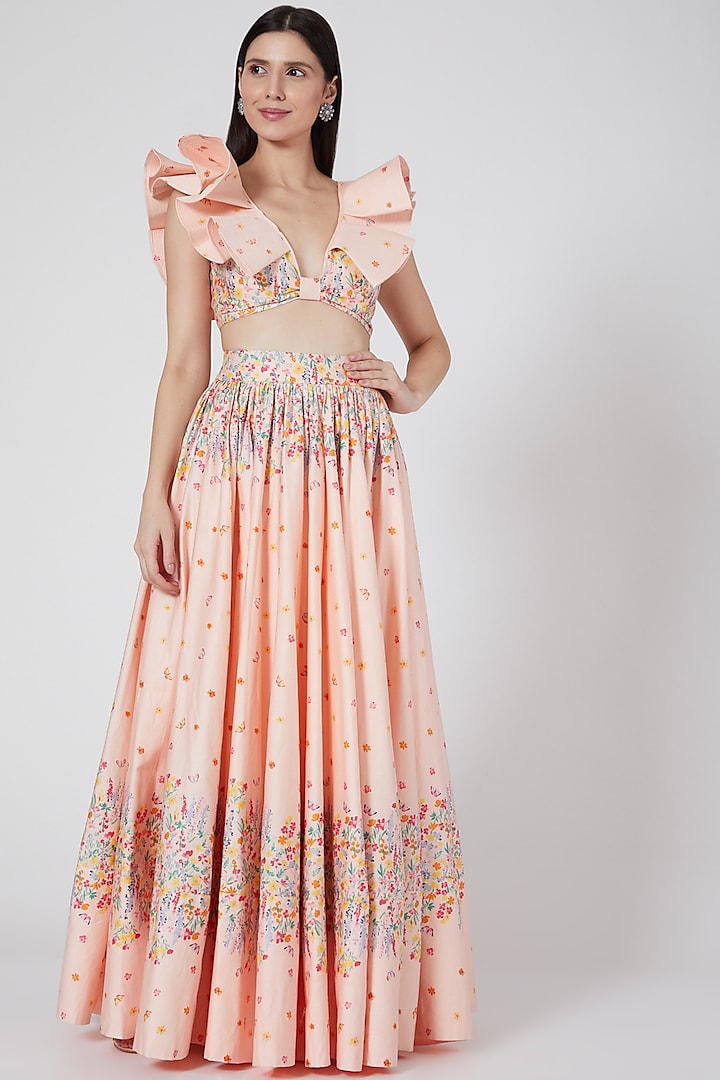 Peach Floral Printed Lehenga Set by LABEL PRIYANKA KAR