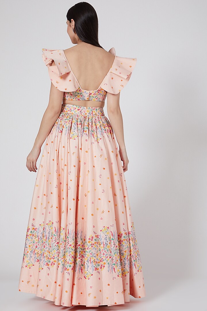 Peach Floral Printed Lehenga Set by LABEL PRIYANKA KAR at Pernia's Pop Up Shop