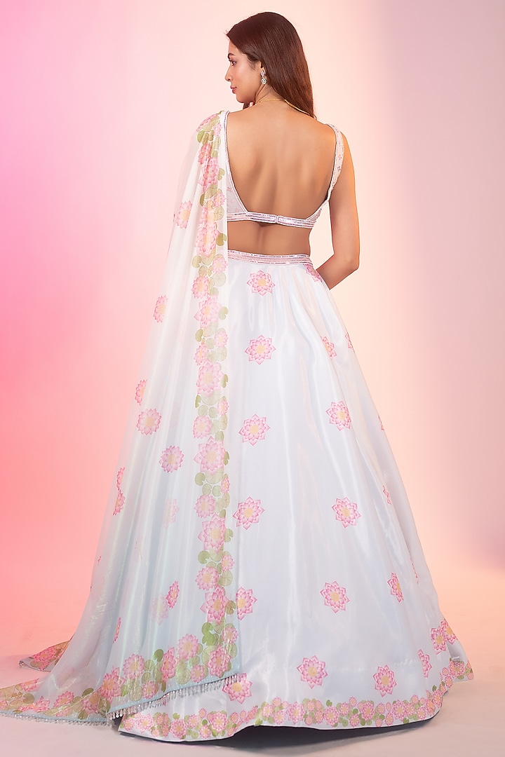 Sky Blue Crystal Fabric Printed & Embroidered Wedding Lehenga Set by LABEL PRIYANKA KAR at Pernia's Pop Up Shop