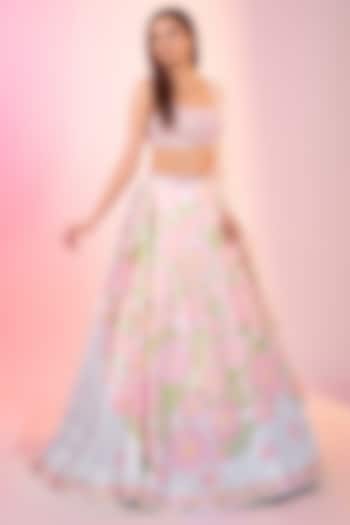 Sky Blue Crystal Fabric Printed & Embroidered Wedding Lehenga Set by LABEL PRIYANKA KAR at Pernia's Pop Up Shop