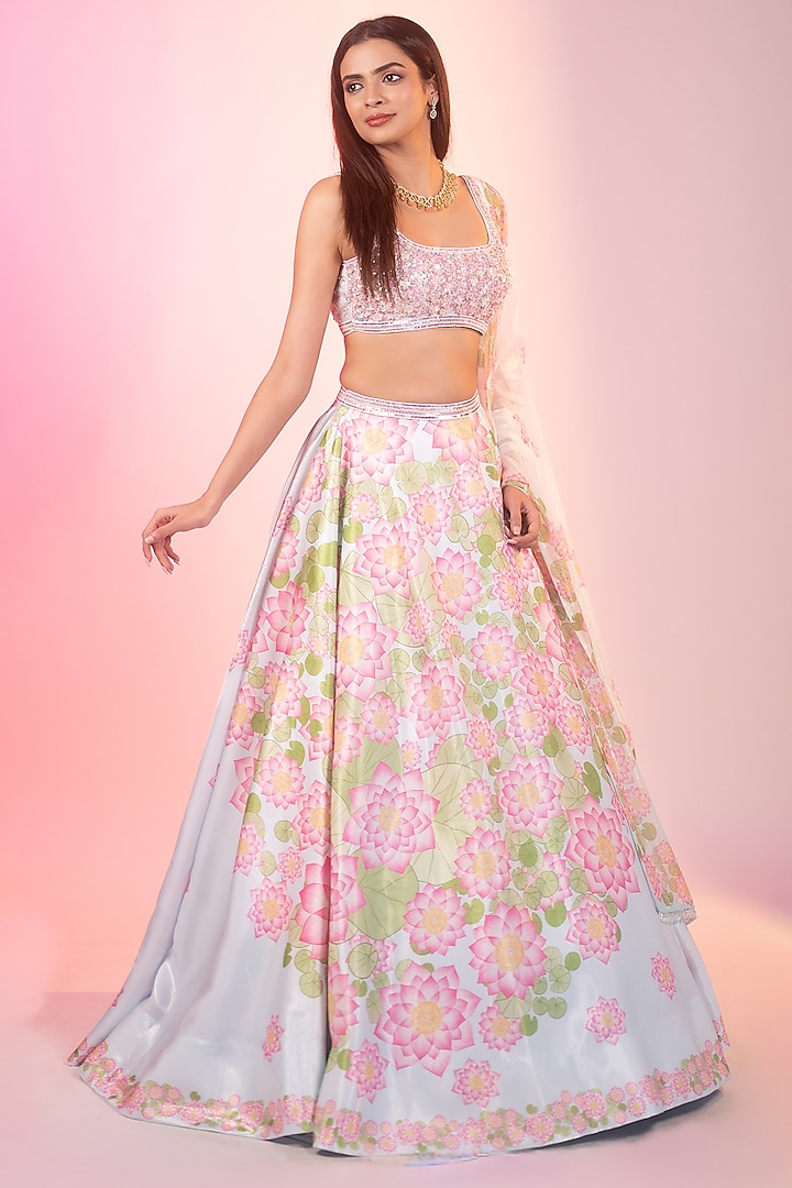 Sky Blue Crystal Fabric Printed & Embroidered Wedding Lehenga Set by LABEL PRIYANKA KAR at Pernia's Pop Up Shop