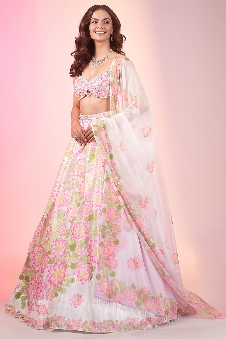 Ivory Crystal Fabric Printed & Embroidered Wedding Lehenga Set by LABEL PRIYANKA KAR at Pernia's Pop Up Shop
