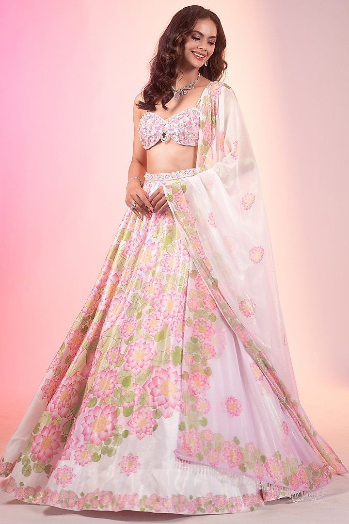 Ivory Crystal Fabric Printed & Embroidered Wedding Lehenga Set by LABEL PRIYANKA KAR at Pernia's Pop Up Shop