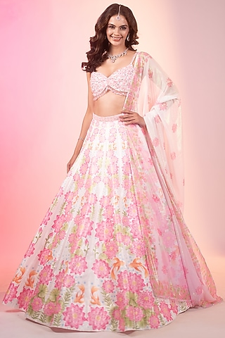 Ivory Crystal Fabric Printed & Embroidered Lehenga Set by LABEL PRIYANKA KAR