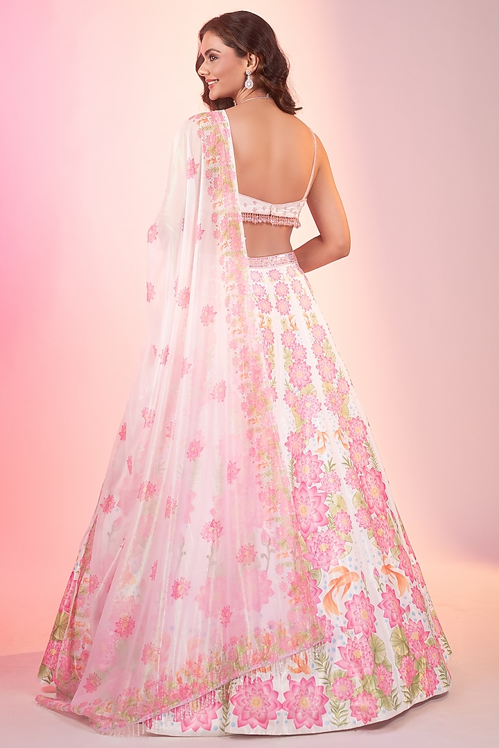 Ivory Crystal Fabric Printed & Embroidered Wedding Lehenga Set by LABEL PRIYANKA KAR at Pernia's Pop Up Shop