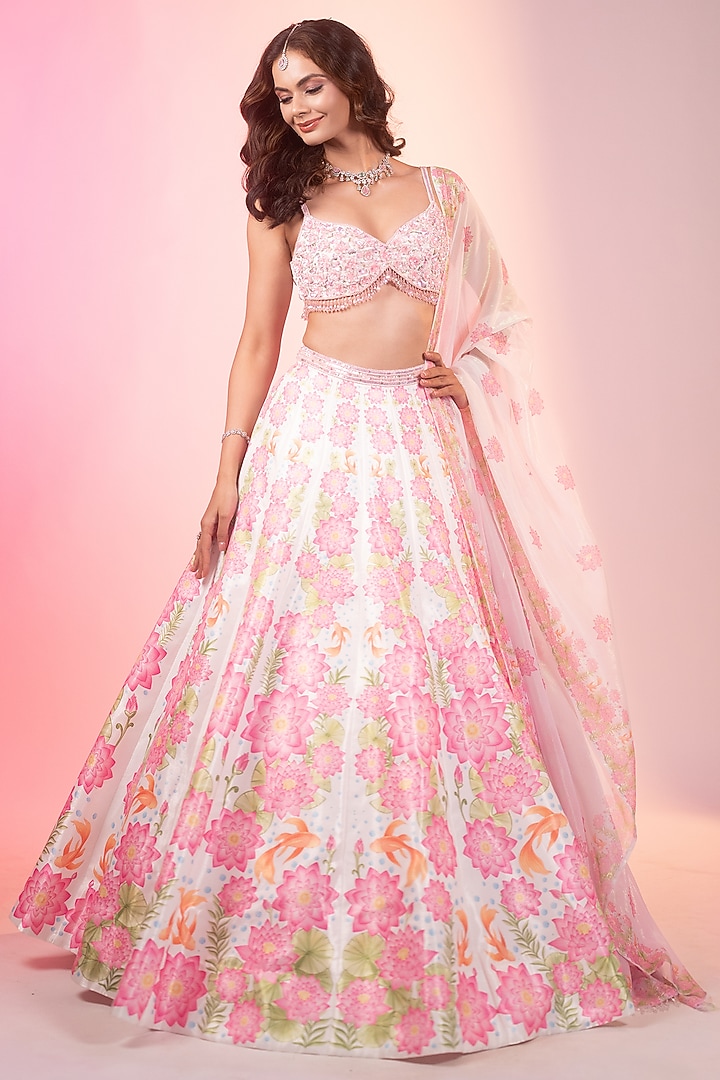Ivory Crystal Fabric Printed & Embroidered Wedding Lehenga Set by LABEL PRIYANKA KAR at Pernia's Pop Up Shop