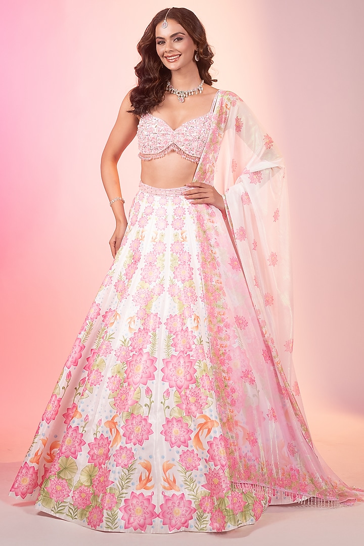 Ivory Crystal Fabric Printed & Embroidered Wedding Lehenga Set by LABEL PRIYANKA KAR at Pernia's Pop Up Shop