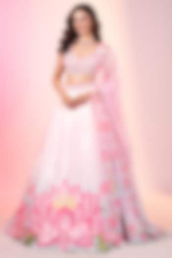 Sky Blue-Pink Crystal Fabric Printed Wedding Lehenga Set by LABEL PRIYANKA KAR at Pernia's Pop Up Shop