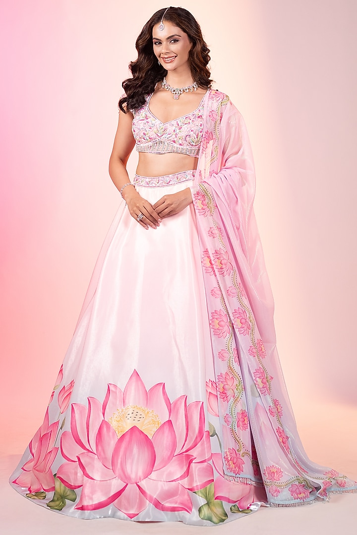 Sky Blue-Pink Crystal Fabric Printed Wedding Lehenga Set by LABEL PRIYANKA KAR at Pernia's Pop Up Shop