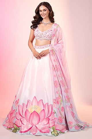 Sky Blue-Pink Crystal Fabric Printed Lehenga Set by LABEL PRIYANKA KAR