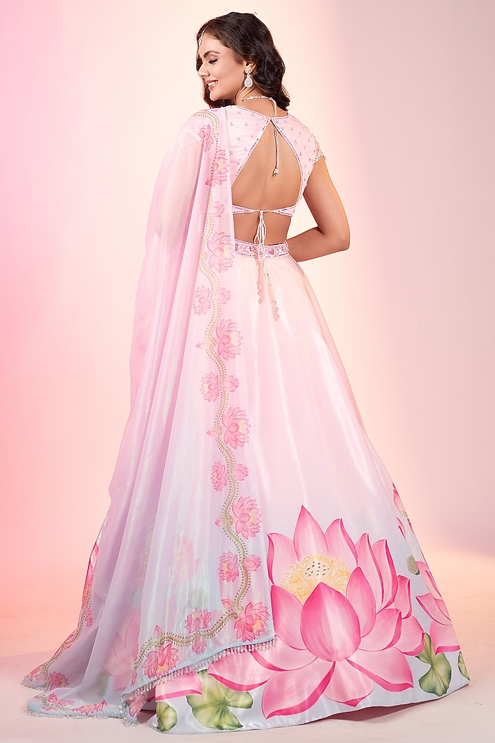 Sky Blue-Pink Crystal Fabric Printed Wedding Lehenga Set by LABEL PRIYANKA KAR at Pernia's Pop Up Shop