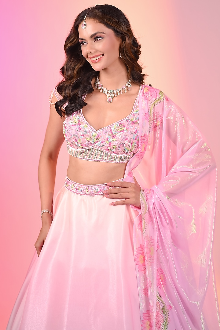 Sky Blue-Pink Crystal Fabric Printed Wedding Lehenga Set by LABEL PRIYANKA KAR at Pernia's Pop Up Shop