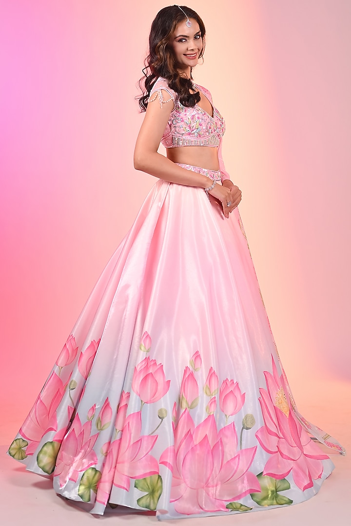 Sky Blue-Pink Crystal Fabric Printed Wedding Lehenga Set by LABEL PRIYANKA KAR at Pernia's Pop Up Shop