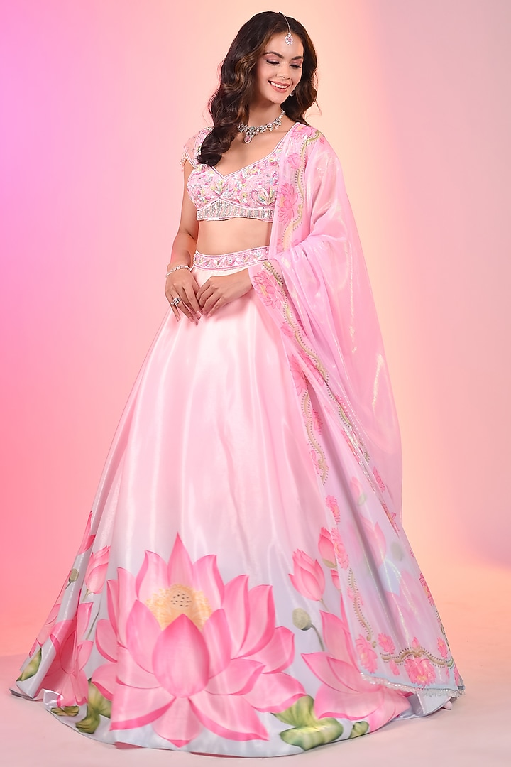 Sky Blue-Pink Crystal Fabric Printed Wedding Lehenga Set by LABEL PRIYANKA KAR at Pernia's Pop Up Shop