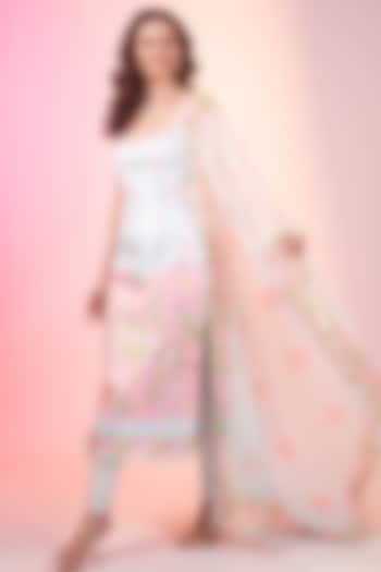 Sky Blue-Pink Crystal Fabric Printed Kurta Set by LABEL PRIYANKA KAR at Pernia's Pop Up Shop