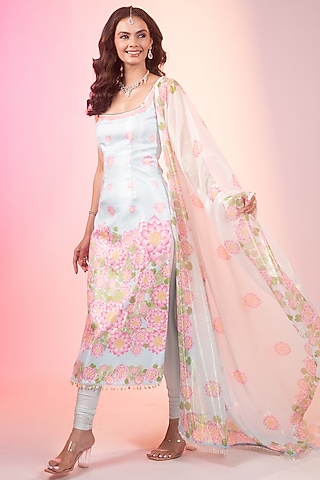 Sky Blue-Pink Crystal Fabric Printed Kurta Set by LABEL PRIYANKA KAR