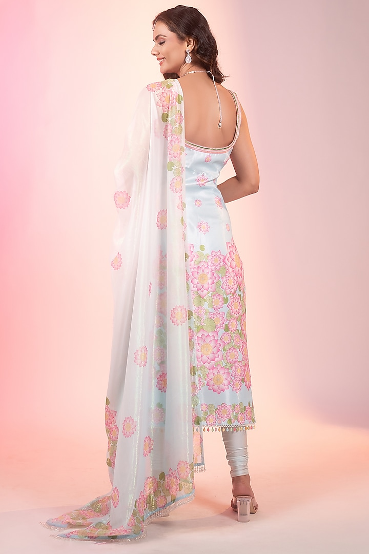 Sky Blue-Pink Crystal Fabric Printed Kurta Set by LABEL PRIYANKA KAR at Pernia's Pop Up Shop