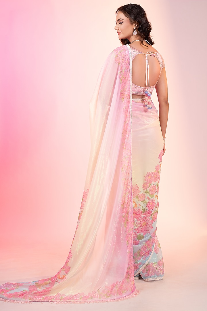 Multi-Colored Zari Fabric Printed & Embroidered Pre-Draped Wedding Saree Set by LABEL PRIYANKA KAR at Pernia's Pop Up Shop
