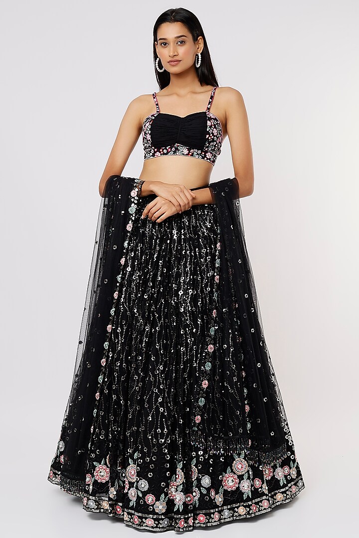 Black Sequins Embroidered Lehenga Set by LABEL PRIYANKA KAR