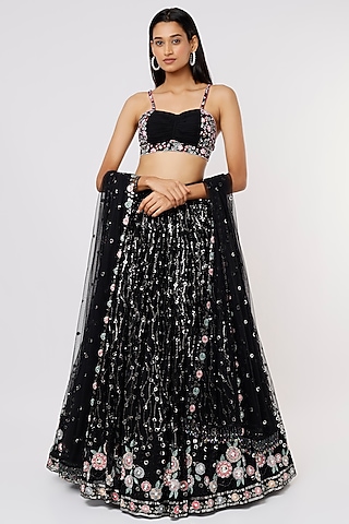 Black Sequins Embroidered Lehenga Set by LABEL PRIYANKA KAR