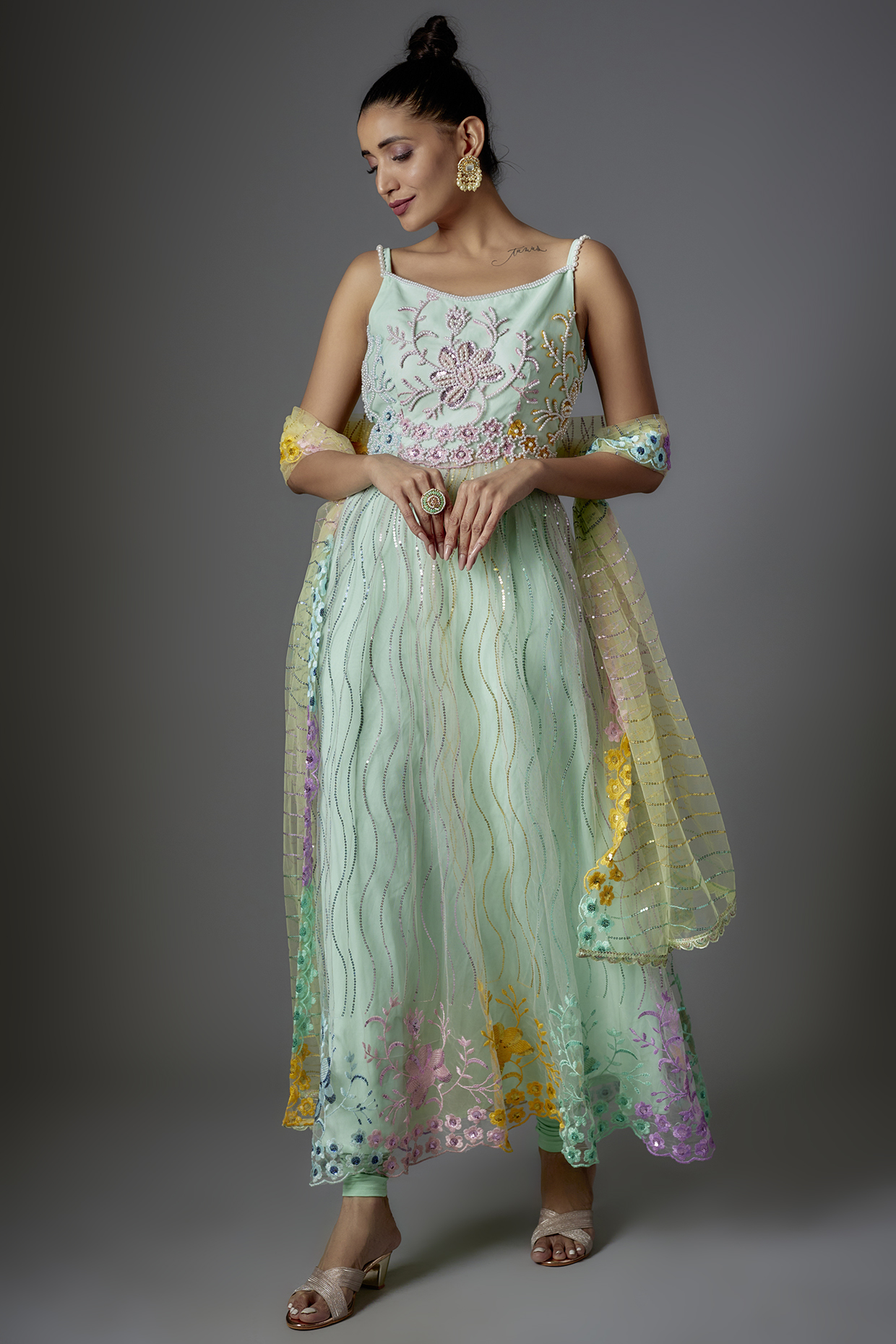 Green Viscose Net Embroidered Kurta Set by LABEL PRIYANKA KAR at Pernia's Pop Up Shop