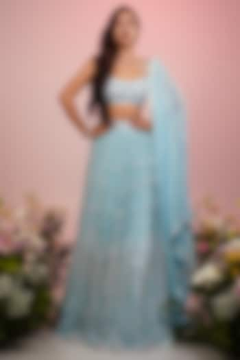 Ice Blue Net Hand Embroidered Wedding Lehenga Set by LABEL PRIYANKA KAR at Pernia's Pop Up Shop