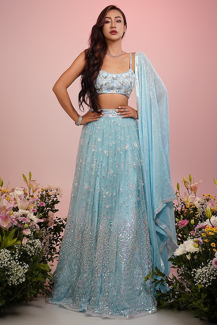 Ice Blue Net Hand Embroidered Wedding Lehenga Set by LABEL PRIYANKA KAR at Pernia's Pop Up Shop