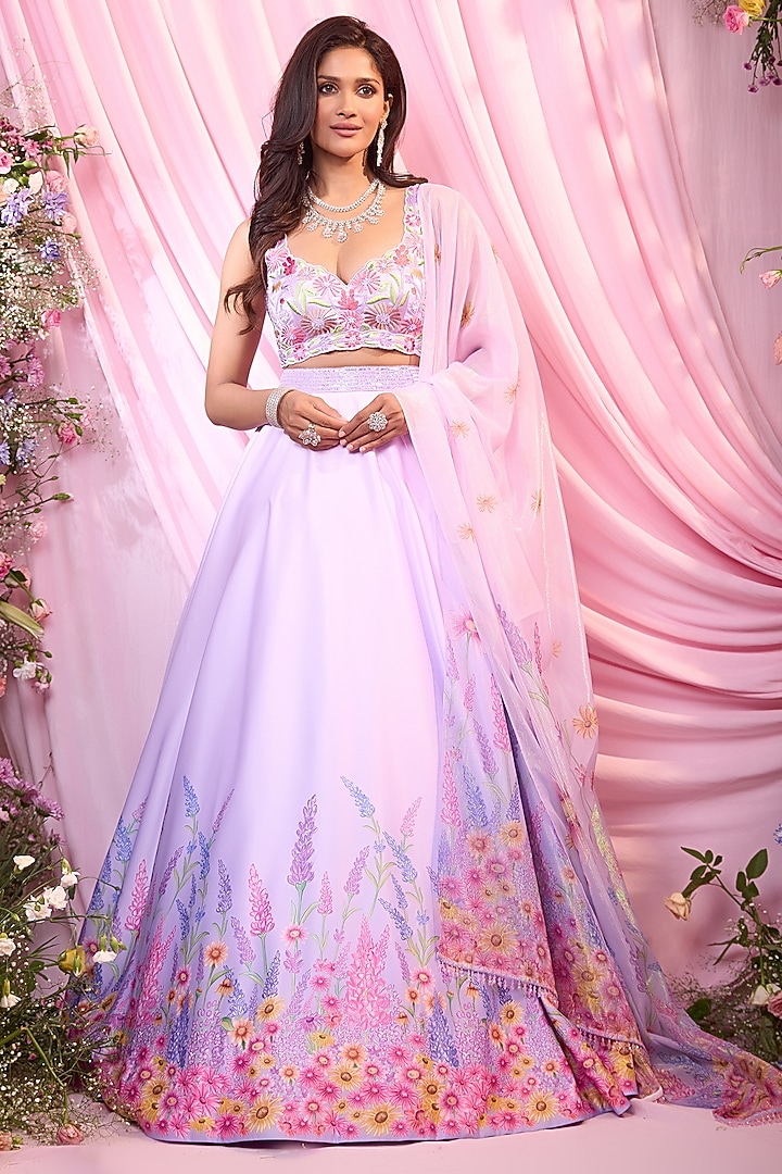 Purple Dull Satin Floral Printed & Embroidered Wedding Lehenga Set by LABEL PRIYANKA KAR at Pernia's Pop Up Shop