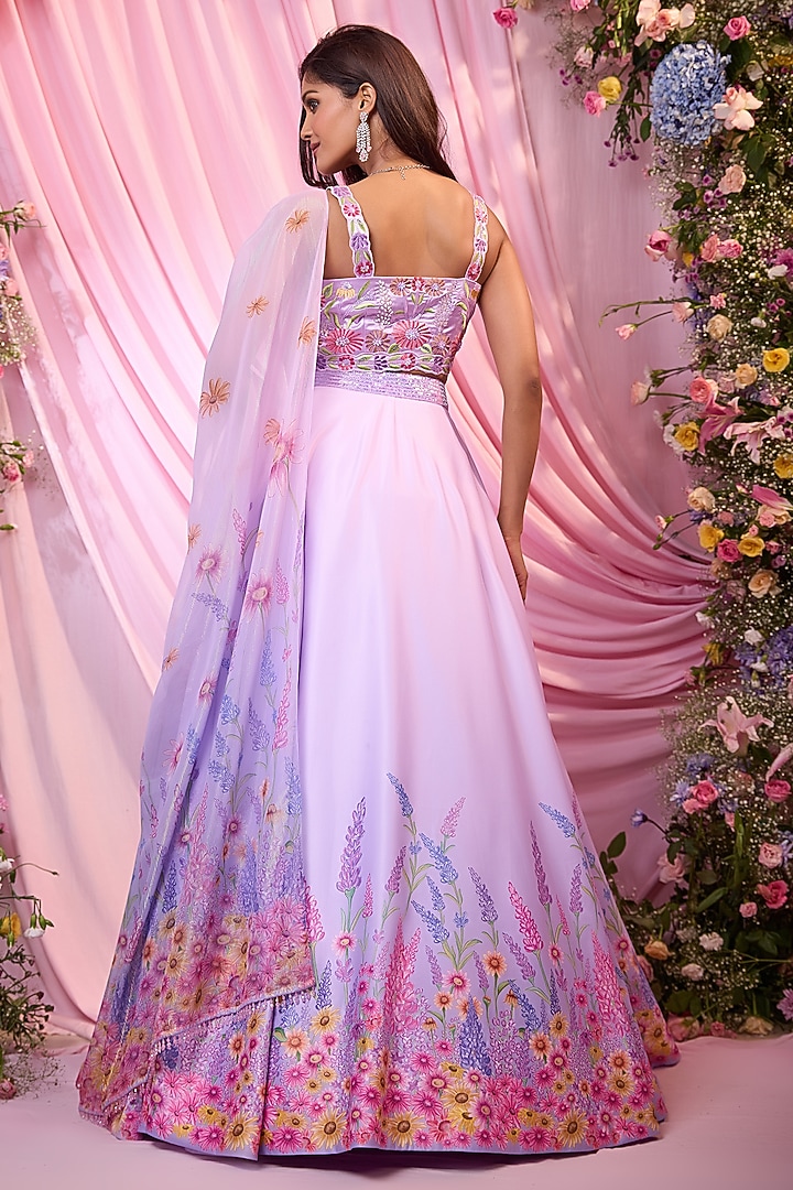 Purple Dull Satin Floral Printed & Embroidered Wedding Lehenga Set by LABEL PRIYANKA KAR at Pernia's Pop Up Shop
