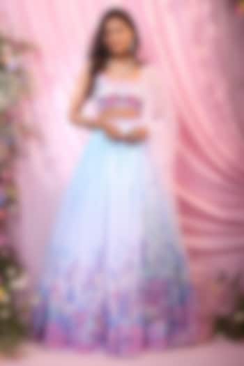 Ice Blue Georgette Floral Printed & Embroidered Wedding Lehenga Set by LABEL PRIYANKA KAR at Pernia's Pop Up Shop