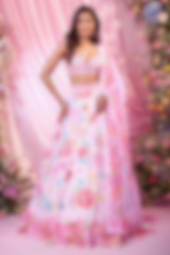 Rose Pink Dull Satin Floral Printed & Embroidered Wedding Lehenga Set by LABEL PRIYANKA KAR at Pernia's Pop Up Shop