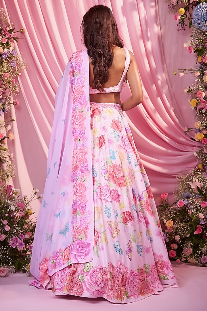 Rose Pink Dull Satin Floral Printed & Embroidered Wedding Lehenga Set by LABEL PRIYANKA KAR at Pernia's Pop Up Shop