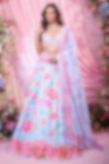 Sea Blue Dull Satin Floral Printed & Embroidered Wedding Lehenga Set by LABEL PRIYANKA KAR at Pernia's Pop Up Shop