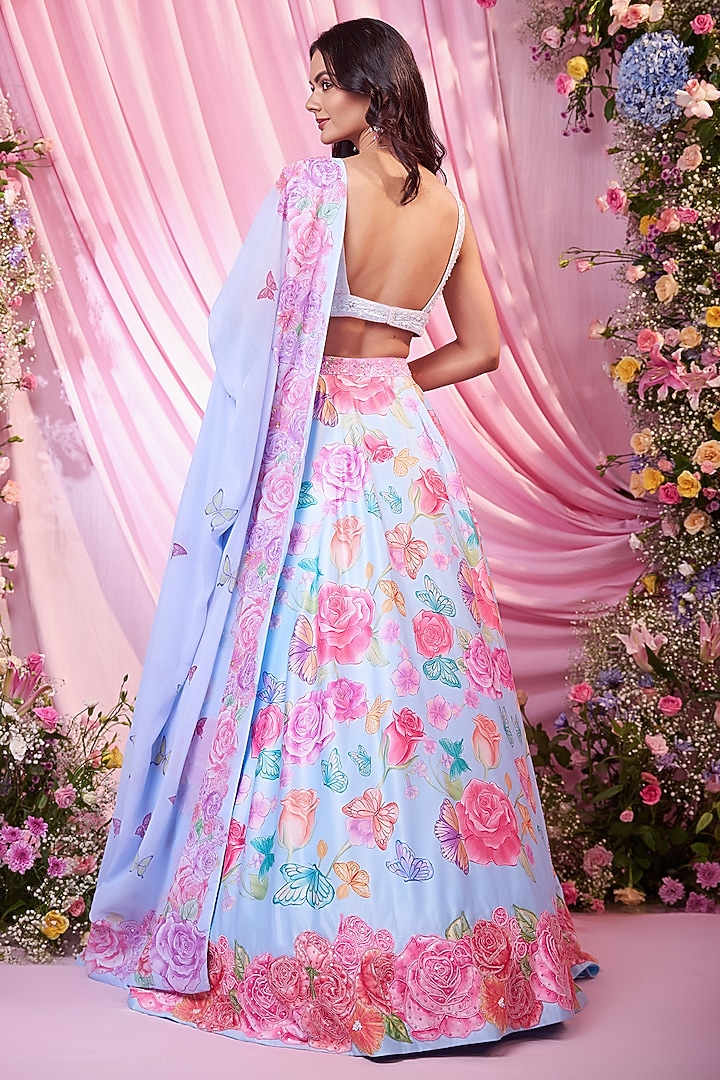 Sea Blue Dull Satin Floral Printed & Embroidered Wedding Lehenga Set by LABEL PRIYANKA KAR at Pernia's Pop Up Shop