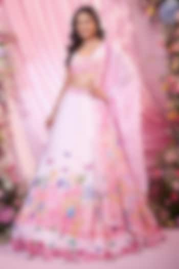 Baby Pink Satin Floral Printed & Embroidered Bridal lehenga for 22 Lehenga Set by LABEL PRIYANKA KAR at Pernia's Pop Up Shop