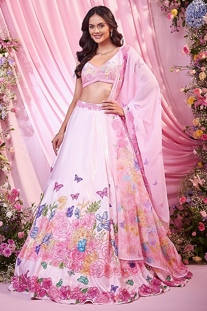 Baby Pink Satin Floral Printed & Embroidered Bridal lehenga for 22 Lehenga Set by LABEL PRIYANKA KAR at Pernia's Pop Up Shop