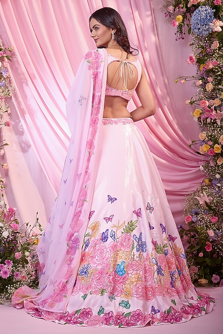 Baby Pink Satin Floral Printed & Embroidered Bridal Lehenga Set by LABEL PRIYANKA KAR at Pernia's Pop Up Shop