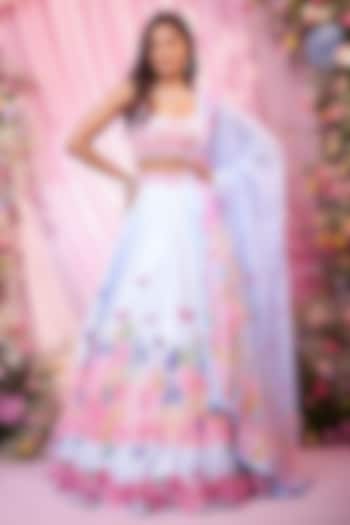 Sky Blue Satin Floral Printed & Embroidered Bridal lehenga for 22 Lehenga Set by LABEL PRIYANKA KAR at Pernia's Pop Up Shop