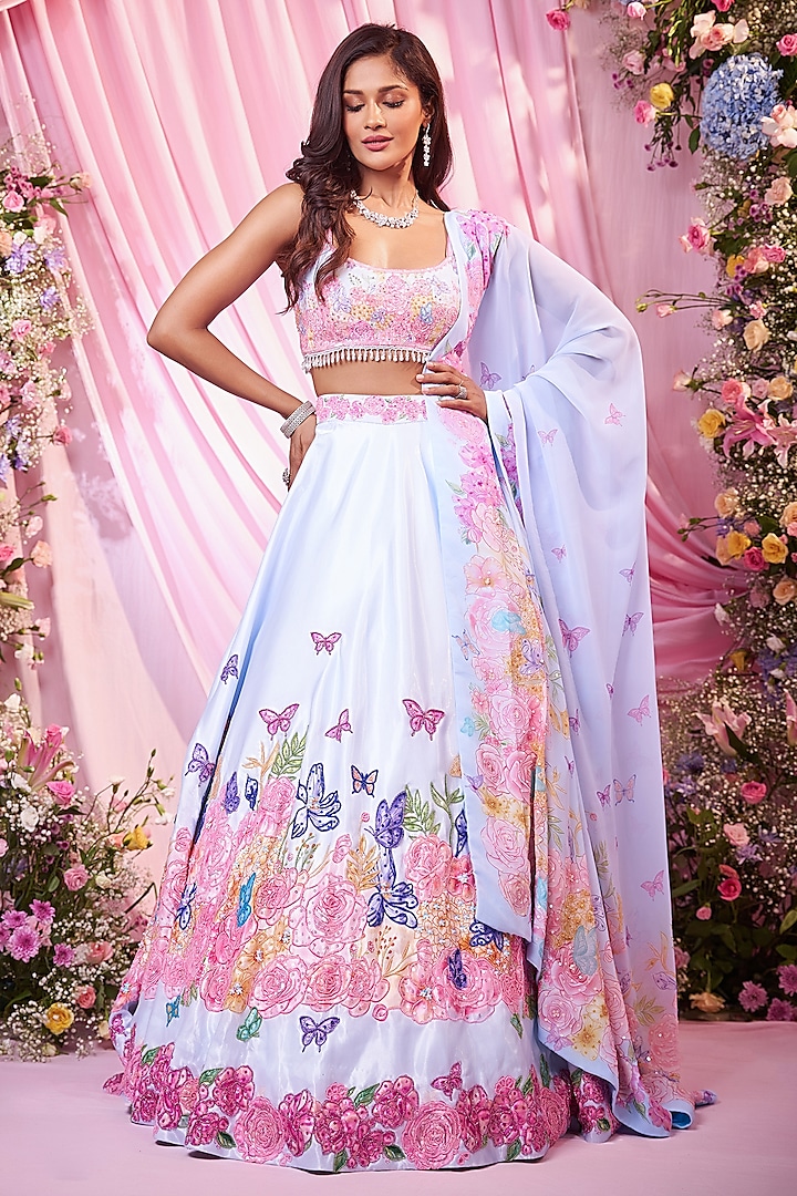 Sky Blue Satin Floral Printed & Embroidered Bridal lehenga for 22 Lehenga Set by LABEL PRIYANKA KAR at Pernia's Pop Up Shop