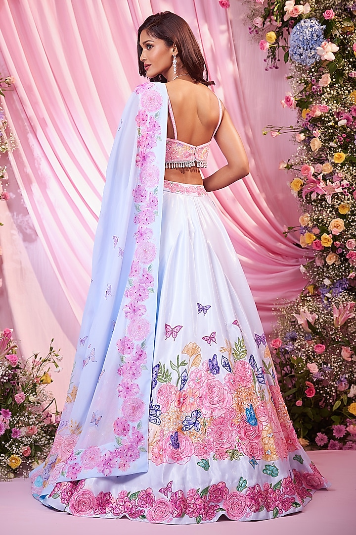 Sky Blue Satin Floral Printed & Embroidered Bridal Lehenga Set by LABEL PRIYANKA KAR at Pernia's Pop Up Shop