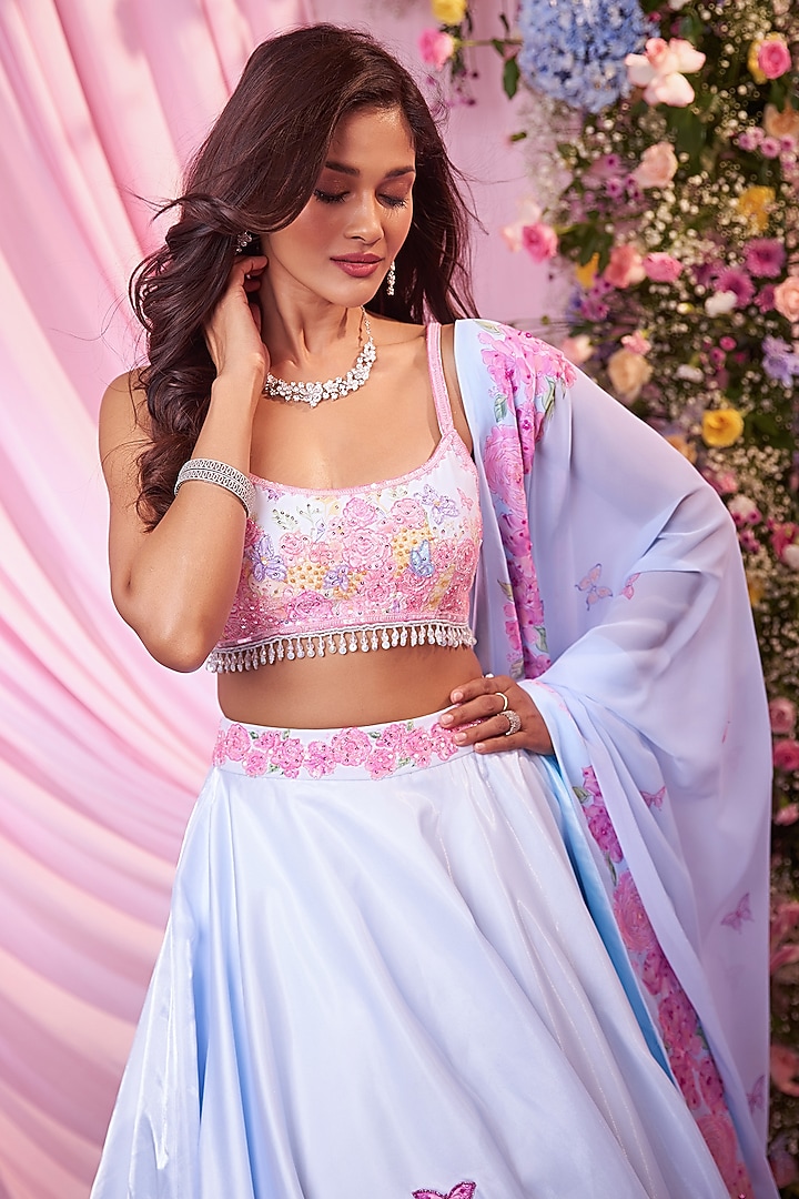 Sky Blue Satin Floral Printed & Embroidered Bridal Lehenga Set by LABEL PRIYANKA KAR at Pernia's Pop Up Shop