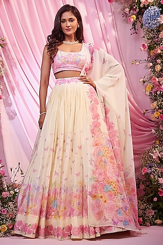 Lemon Yellow Chinon Floral Printed & Embroidered Lehenga Set by LABEL PRIYANKA KAR