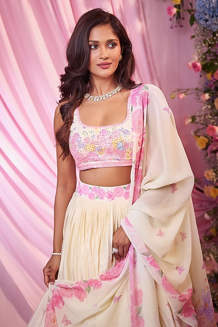 Lemon Yellow Chinon Floral Printed & Embroidered Wedding Lehenga Set by LABEL PRIYANKA KAR at Pernia's Pop Up Shop