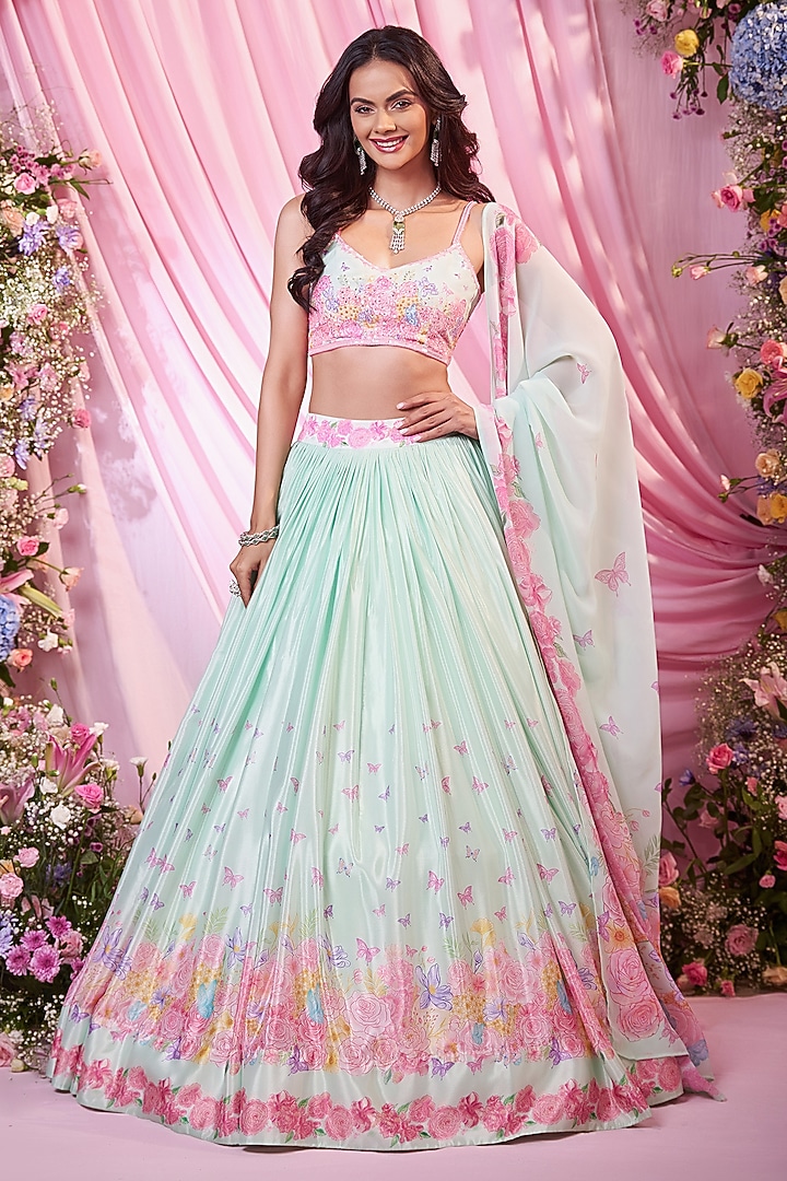 Sea Green Chinon Floral Printed & Embroidered  dulhan bday 22 may Lehenga Set by LABEL PRIYANKA KAR at Pernia's Pop Up Shop