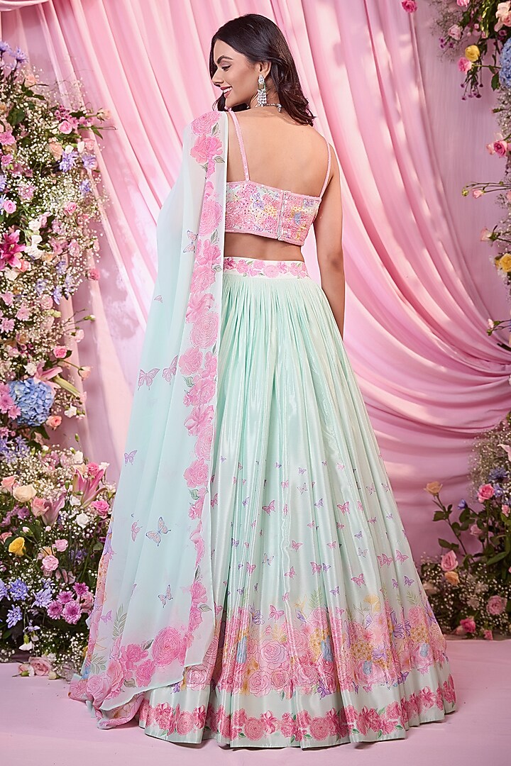 Sea Green Chinon Floral Printed & Embroidered Wedding Lehenga Set by LABEL PRIYANKA KAR at Pernia's Pop Up Shop