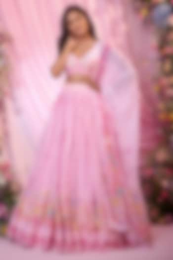 Blush Pink Chinon Floral Printed & Embroidered  dulhan bday 22 may Lehenga Set by LABEL PRIYANKA KAR at Pernia's Pop Up Shop
